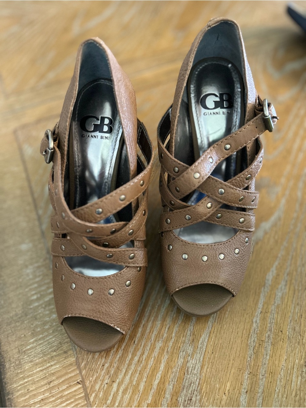 Gianni Bini Tan Studded Peep-Toe Cross-Strap Heels